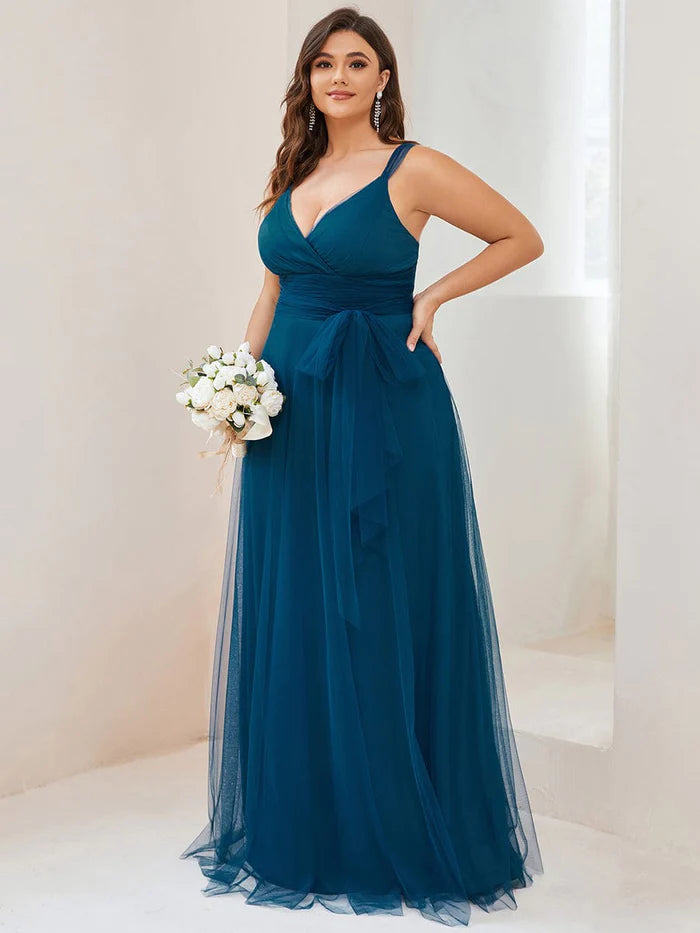 Plus Size Maxi Long Double V Neck Tulle Bridesmaid Dresses