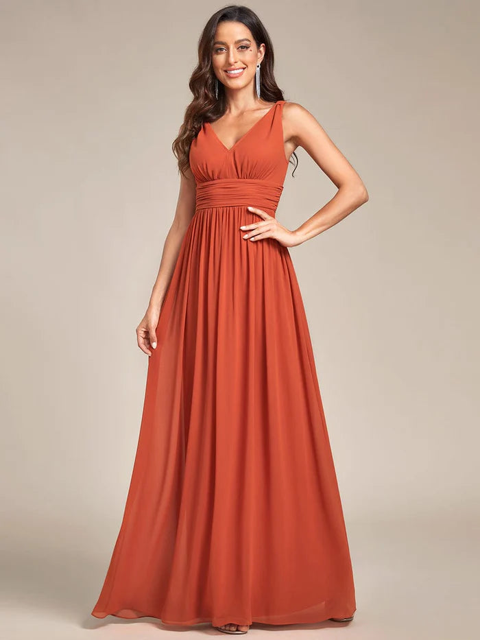 V Neck Sleeveless Pleated Chiffon Evening Dress