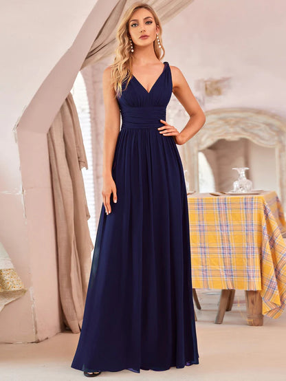 V Neck Sleeveless Pleated Chiffon Evening Dress