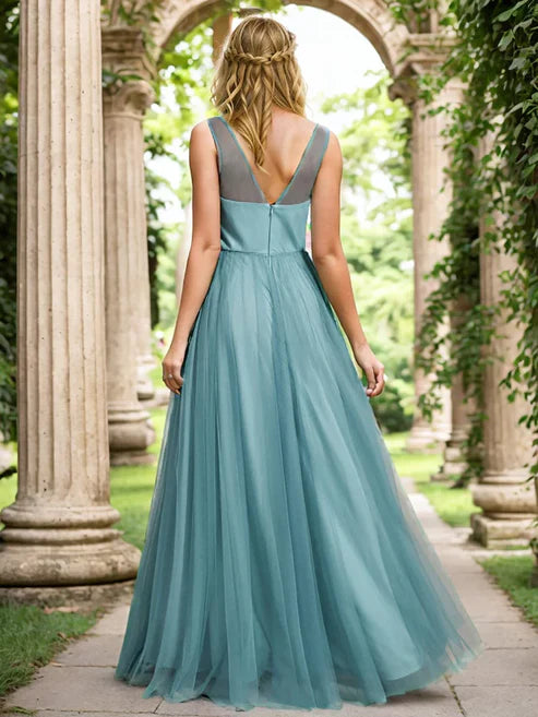 See-Through Shoulder Strap Flower Decoration Tulle Bridesmaid Dress/Prom Dresses Party Dresses