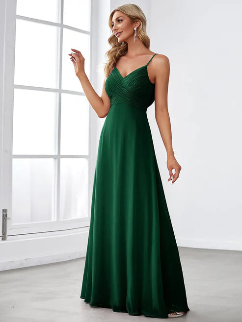 Criss Cross Spaghetti Straps V-Neck Floor Length Chiffon Backless A-Line Bridesmaid Dress/Evening Dresses