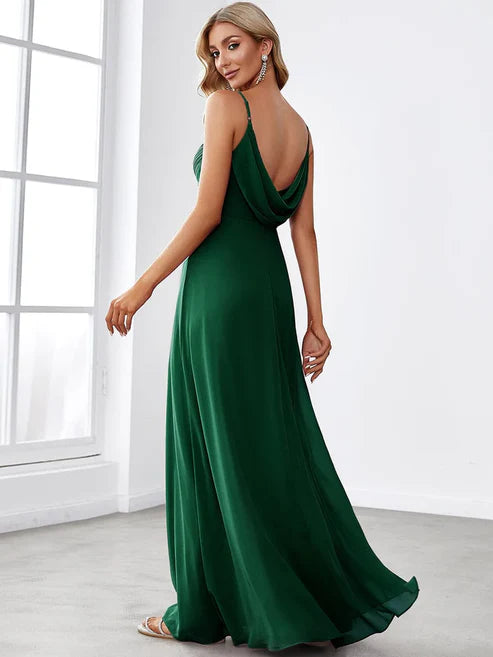 Criss Cross Spaghetti Straps V-Neck Floor Length Chiffon Backless A-Line Bridesmaid Dress/Evening Dresses