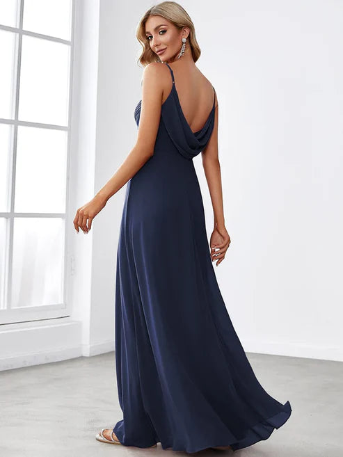 Criss Cross Spaghetti Straps V-Neck Floor Length Chiffon Backless A-Line Bridesmaid Dress/Evening Dresses