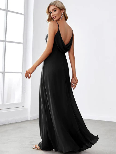 Criss Cross Spaghetti Straps V-Neck Floor Length Chiffon Backless A-Line Bridesmaid Dress/Evening Dresses