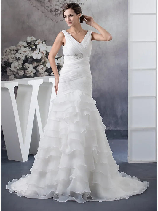 Wedding Dresses V Neck Chapel Train Organza Regular Straps with Ruched Beading Cascading Ruffles