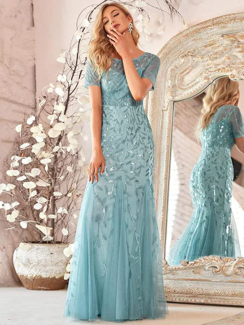 Floral Sequin Maxi Fishtail Tulle Prom Dress with Short Sleeve/From Dresses Party Dresses Wedding Guest Dresses