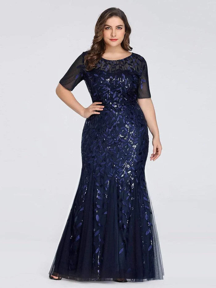 Plus Size Sequin Leaf Long Mermaid Tulle Prom Dress
