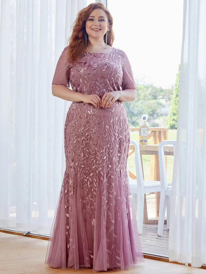 Plus Size Sequin Leaf Long Mermaid Tulle Prom Dress