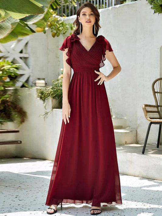 Custom Size Maxi Long Chiffon Evening Dress for Women with Ruffles Sleeves