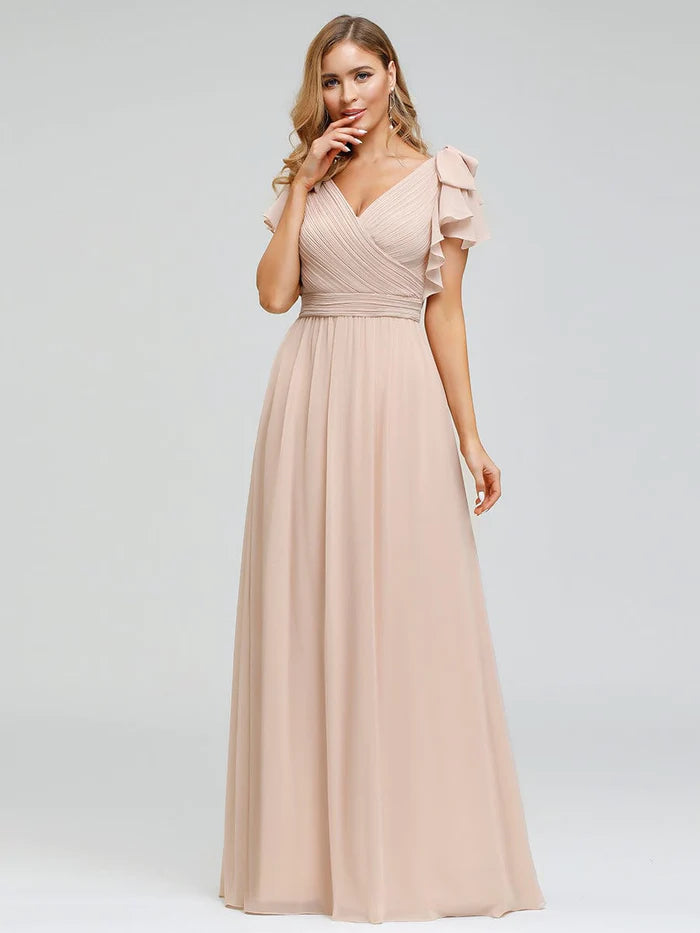 Custom Size Maxi Long Chiffon Evening Dress for Women with Ruffles Sleeves