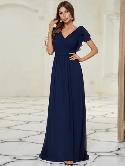 Custom Size Maxi Long Chiffon Evening Dress for Women with Ruffles Sleeves