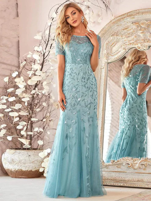 Floral Sequin Maxi Fishtail Tulle Prom Dress with Short Sleeve/From Dresses Party Dresses Wedding Guest Dresses