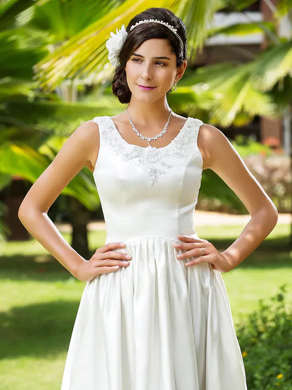 Princess A-Line Wedding Dresses Scoop Neck Asymmetrical Satin Sleeveless with Beading Appliques Pocket