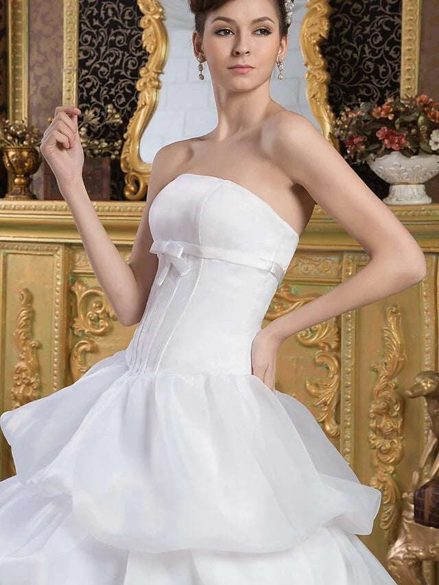 Ball Gown Wedding Dresses Strapless Court Train Organza Satin Strapless with Pick Up Skirt Bow(s)