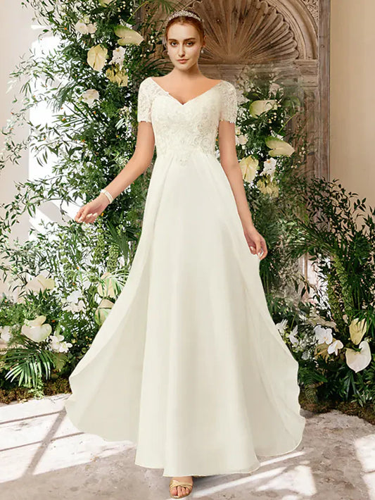 A-Line Wedding Dresses V Neck Floor Length Chiffon Lace Short Sleeve Romantic Simple with Pleats Appliques