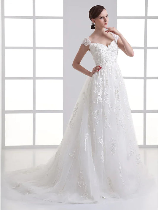 A-Line Wedding Dresses Sweetheart Neckline Court Train Lace Satin Tulle Cap Sleeve with Beading Appliques