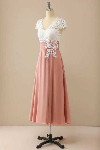 Mature V-neck lace chiffon hat sleeves Mother of the Bride Dress Elegant