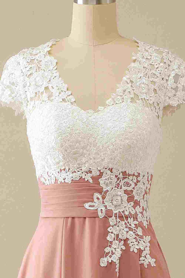 Mature V-neck lace chiffon hat sleeves Mother of the Bride Dress Elegant