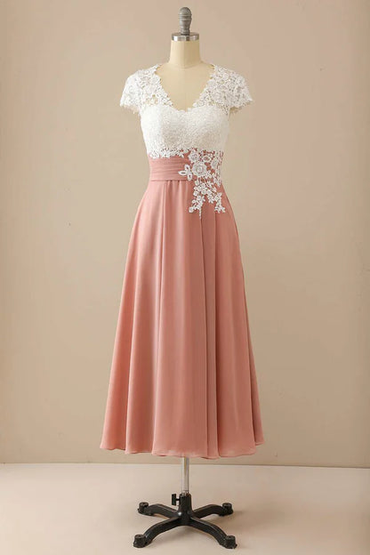 Mature V-neck lace chiffon hat sleeves Mother of the Bride Dress Elegant