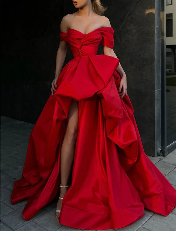 Elegant A-Line Off Shoulder Evening Gown Red Black Dress Masquerade Prom Sweep / Brush Train Satin Sexy Party Dress with Slit