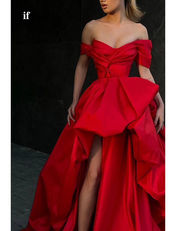Elegant A-Line Off Shoulder Evening Gown Red Black Dress Masquerade Prom Sweep / Brush Train Satin Sexy Party Dress with Slit