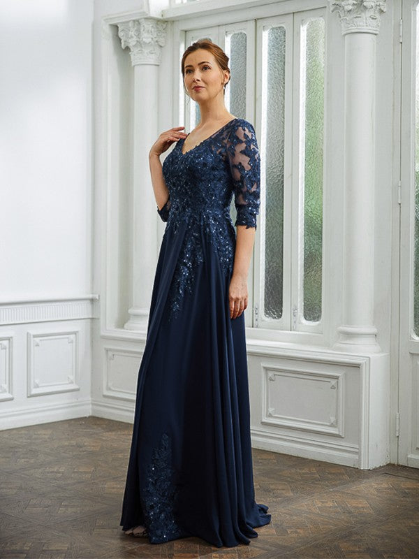 Elegant A-Line V-neck Floor-Length Mother of the Bride Dresses Chiffon Wedding Guest Dress Party Dress with Appliques