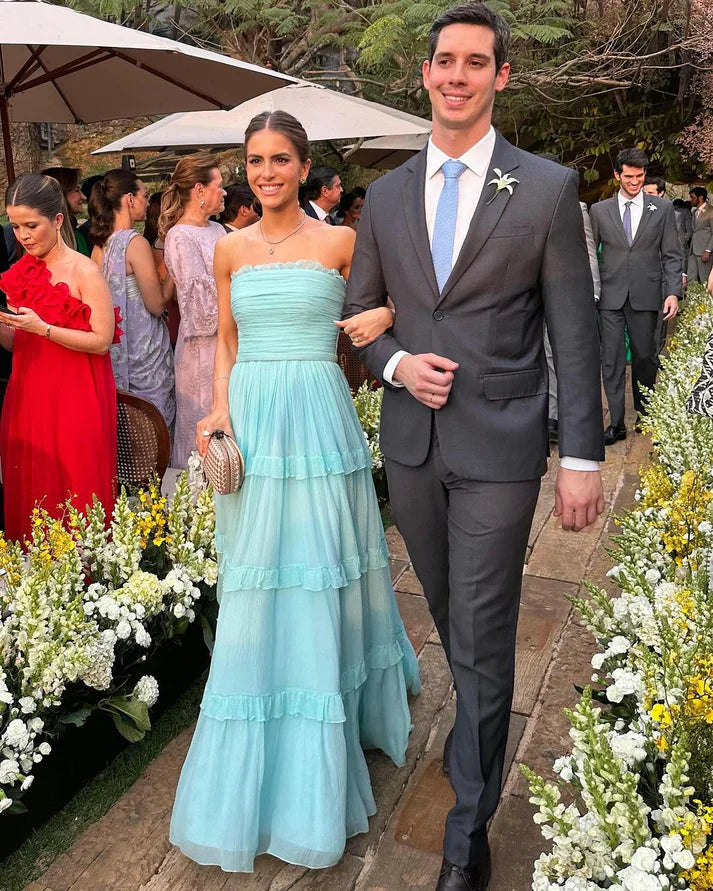 Elegant A Line Strapless Long Prom Dress Ruffle Party Dress Charming Wedding Guest Dress