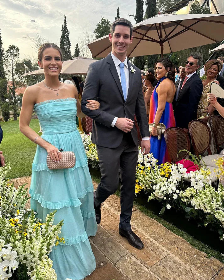 Elegant A Line Strapless Long Prom Dress Ruffle Party Dress Charming Wedding Guest Dress