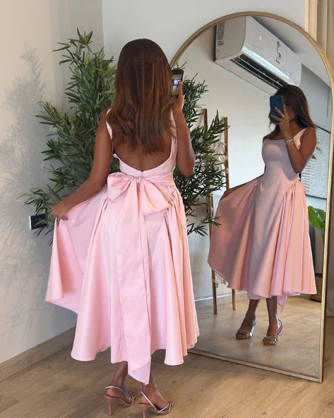 Lovely A Line Prom Dress Evening Gown Elegant Mid Length Birthday Party Dress With Bow