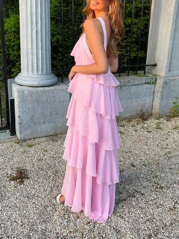 Elegant A Line Sleeveless Layered Long Prom Dress Charming Evening Party Dress Vacation Beach Dress