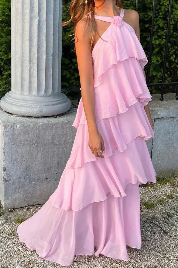 Elegant A Line Sleeveless Layered Long Prom Dress Charming Evening Party Dress Vacation Beach Dress