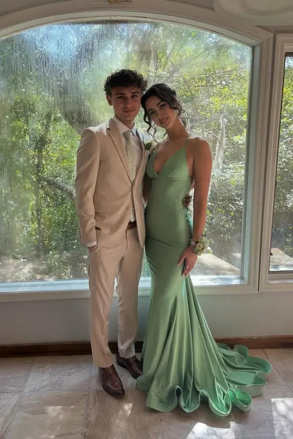 Elegant Mermaid Green Satin V-neck Straps Sleeveless Long Formal Prom Dress Sexy Evening Gowns Simple Graduation Party Dress
