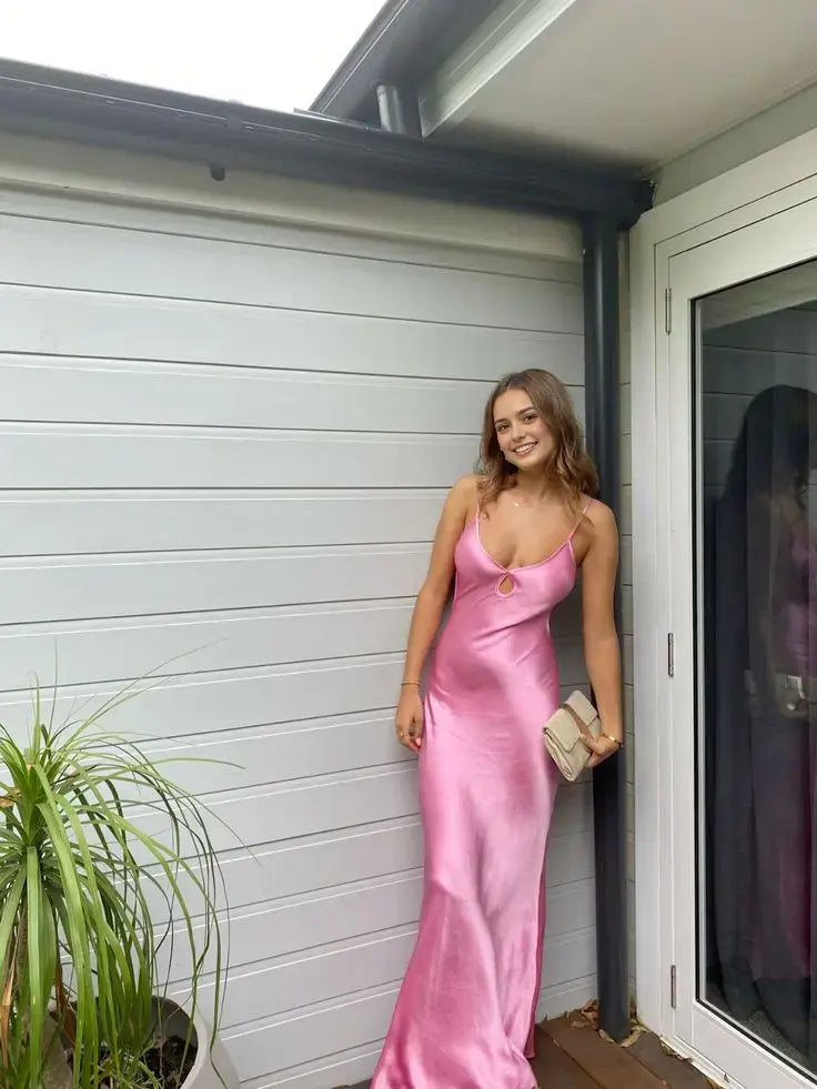 Elegant Spaghetti Strap Sleeveless Satin Long Formal Prom Dress Simple Evening Party Dress