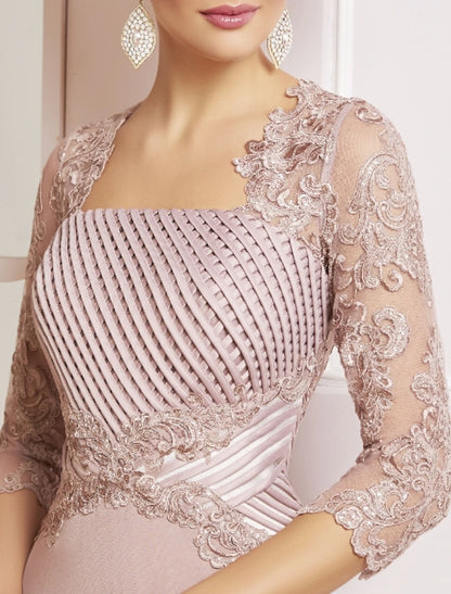 Elegant Two Piece Sheath / Column Mother of the Bride Dress Plus Size With Jacket Vintage 3/4 Sleeve Square Neck Knee Length Lace Appliques