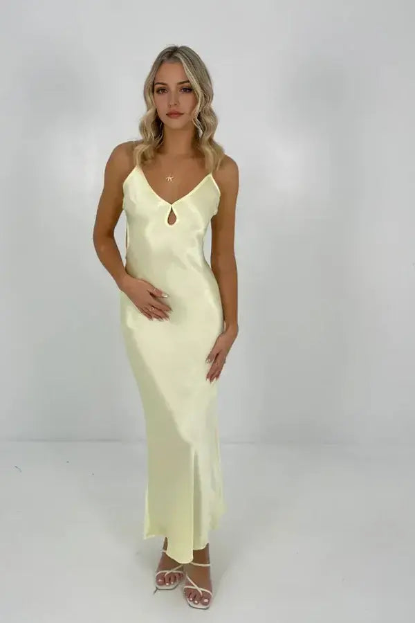 Elegant Yellow Satin Spaghetti Strap Sleeveless Long Prom Dress Simple Evening Party Dress