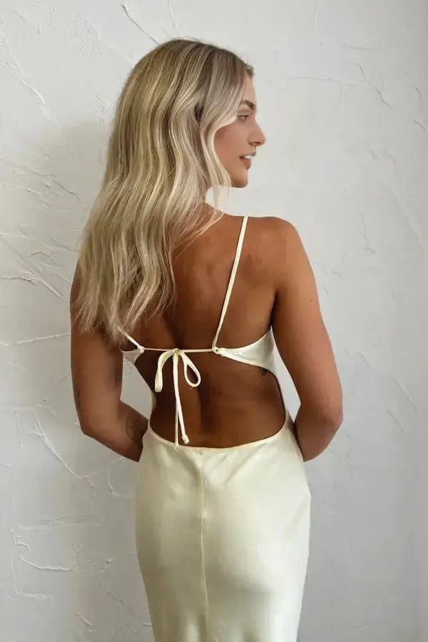 Elegant Yellow Satin Spaghetti Strap Sleeveless Long Prom Dress Simple Evening Party Dress