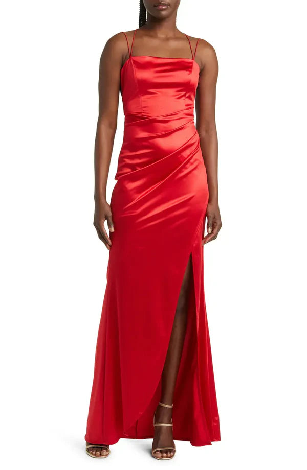Noble thin shoulder strap off shoulder pleats backless satin and floor length front slit evening dress Sexy