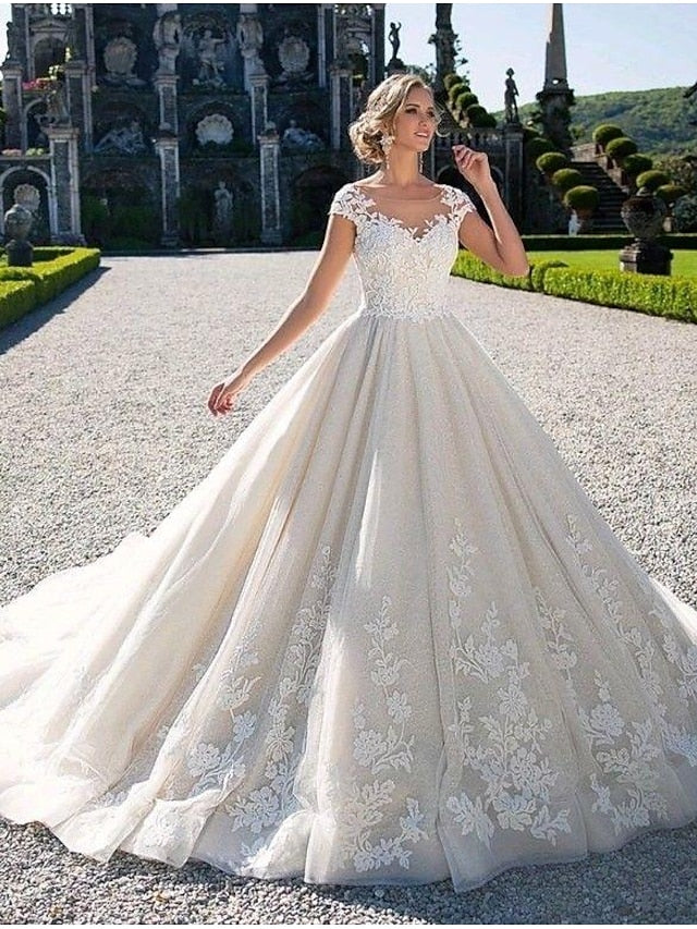 Engagement Sexy Formal Wedding Dresses Chapel Train Open Back Cap Sleeve Illusion Neck Lace Bridal Gown With Applique
