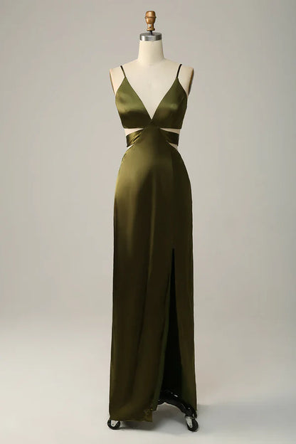 Thin shoulder strap cut olive long slit bridesmaid dress Sexy Evening Dress