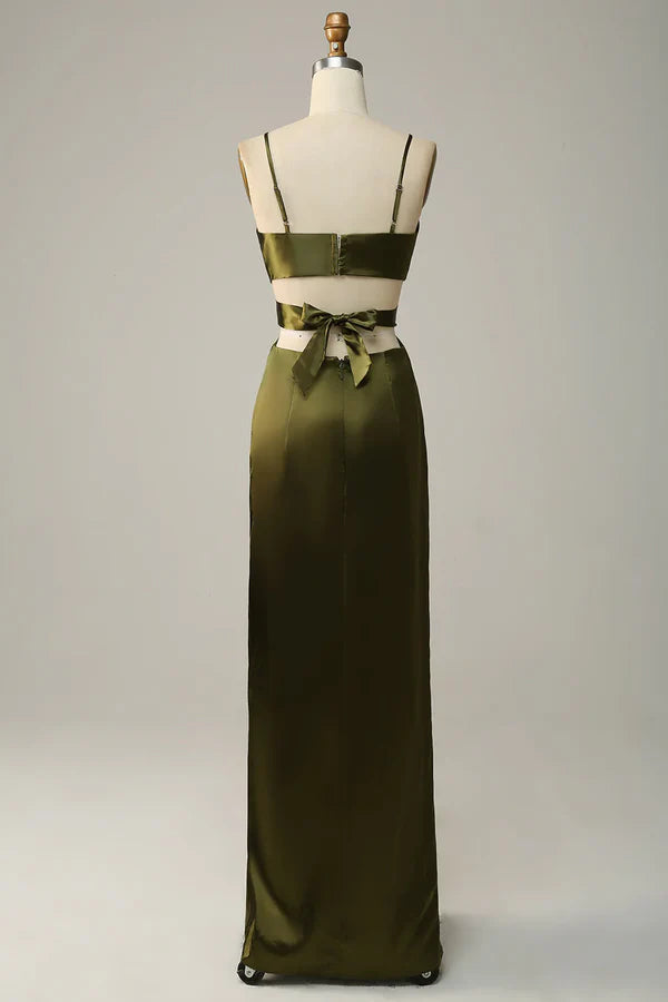 Thin shoulder strap cut olive long slit bridesmaid dress Sexy Evening Dress