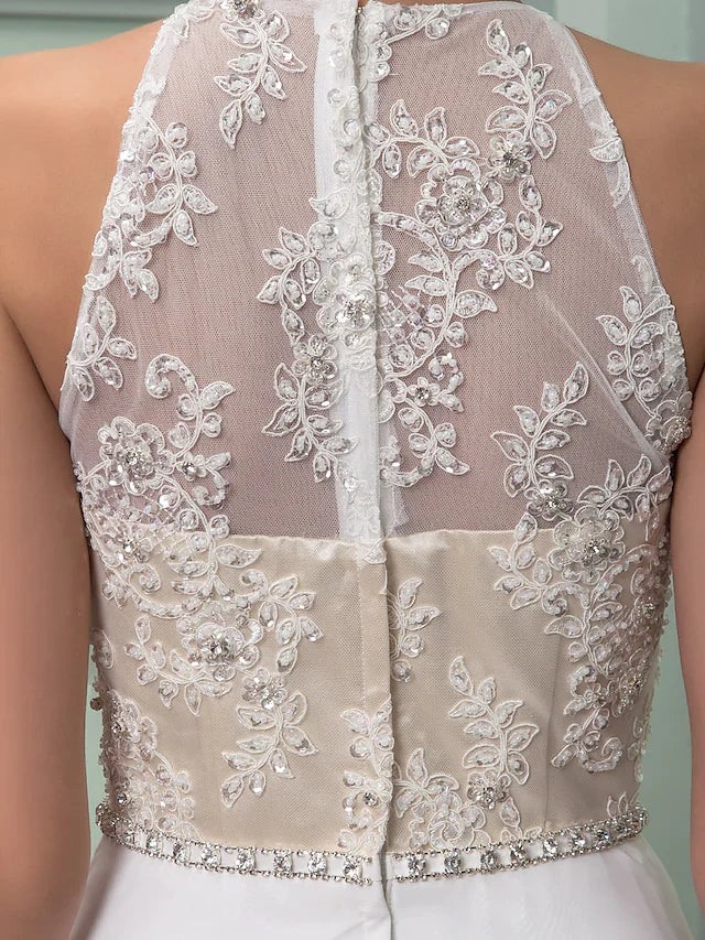 Wedding Dresses Jewel Neck Floor Length Chiffon Lace Regular Straps See-Through with Sash Ribbon Beading Split Front