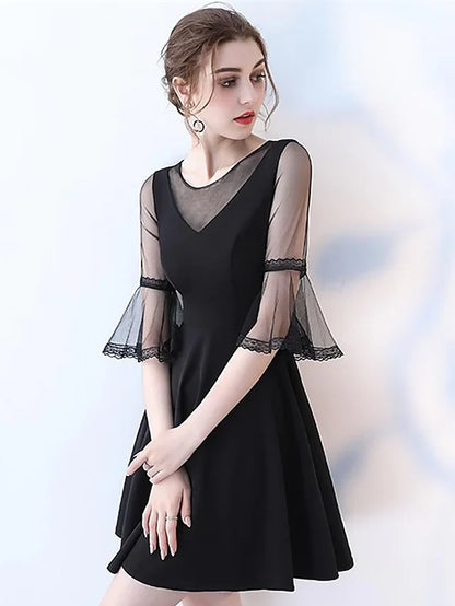 A-Line Minimalist Sexy Engagement Cocktail Party Dress Jewel Neck Half Sleeve Knee Length Tulle with Pleats