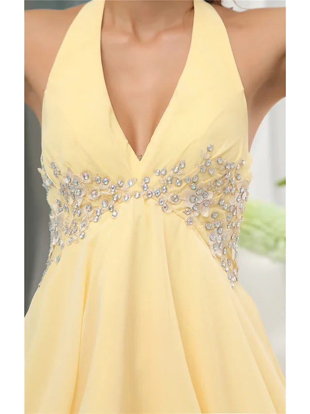 A-Line Elegant Party Wear Wedding Guest Cocktail Party Dress Halter Neck Sleeveless Short Mini Chiffon with Beading