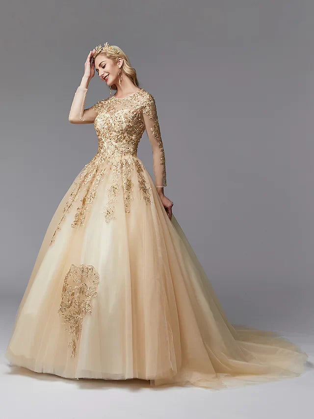Ball Gown Wedding Dresses Jewel Neck Lace Tulle Long Sleeve Glamorous See-Through Backless Modern with Beading Appliques Gold Color