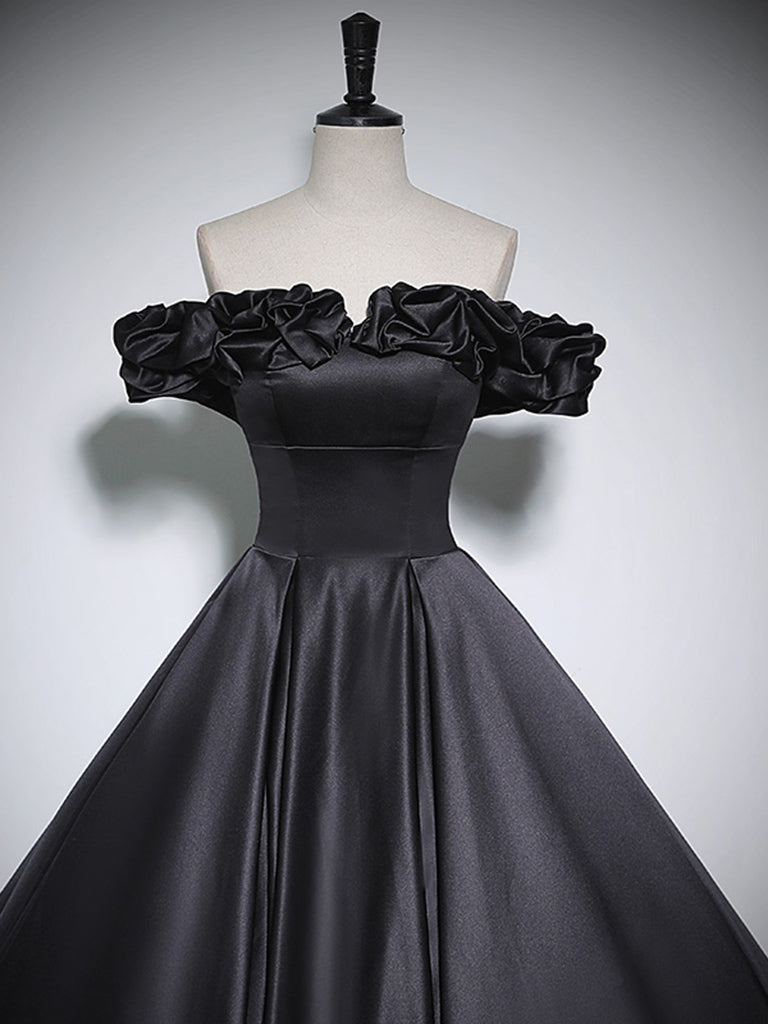 Black A-Line Off Shoulder Satin Long Prom Dress Formal Dress Elegant Evening Dress