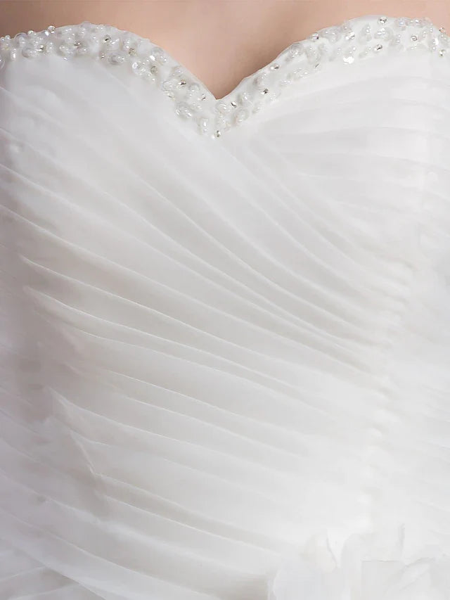 A-Line Wedding Dresses Sweetheart Neckline Court Train Organza Satin Strapless with Ruched Cascading Ruffles