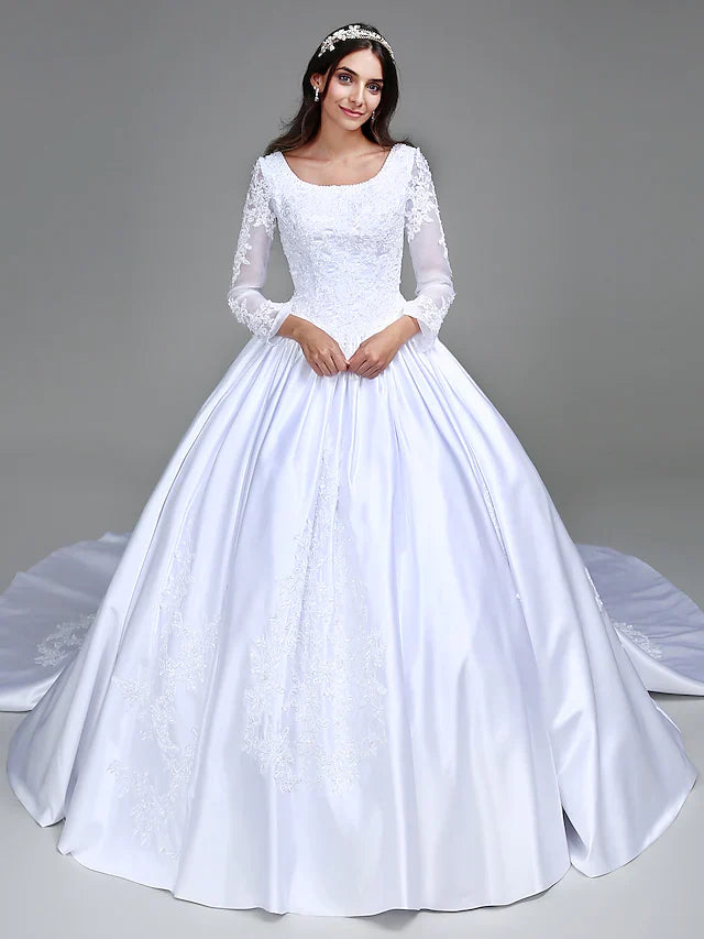 Ball Gown Wedding Dresses Scoop Neck Satin Long Sleeve Simple Vintage See-Through with Beading Appliques