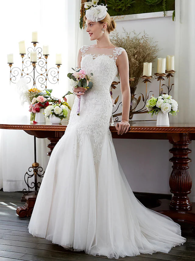 Wedding Dresses Illusion Neck Court Train Tulle Sleeveless Sparkle & Shine with Beading Appliques