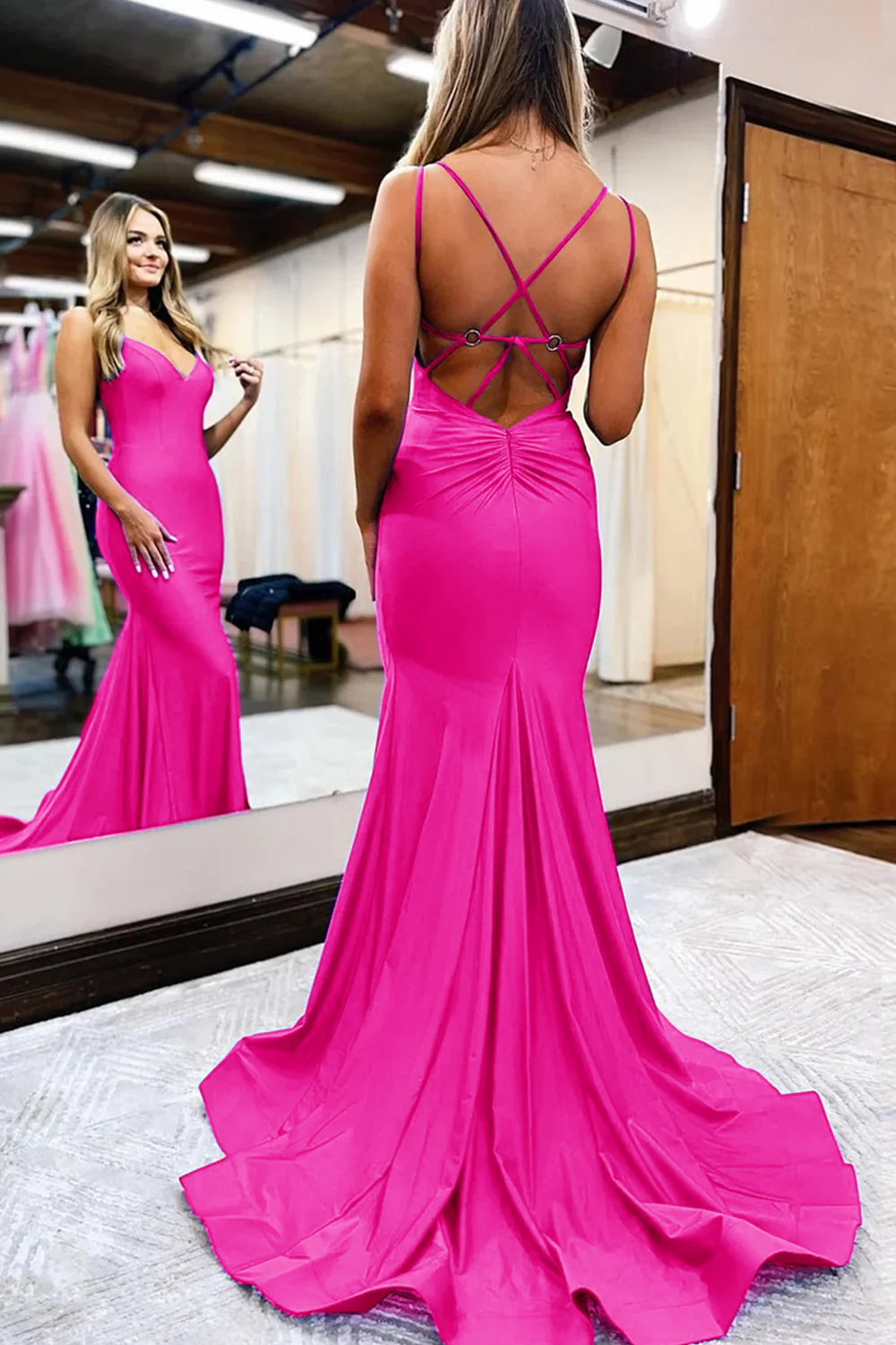 A Line V neck Mermaid Spaghetti Straps Long Prom Dress