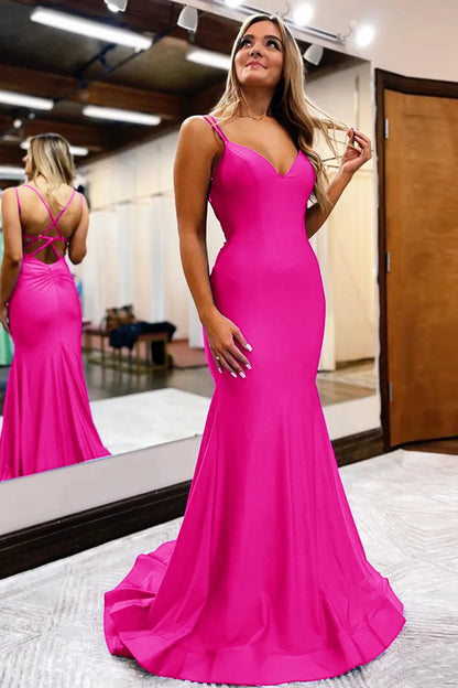 A Line V neck Mermaid Spaghetti Straps Long Prom Dress